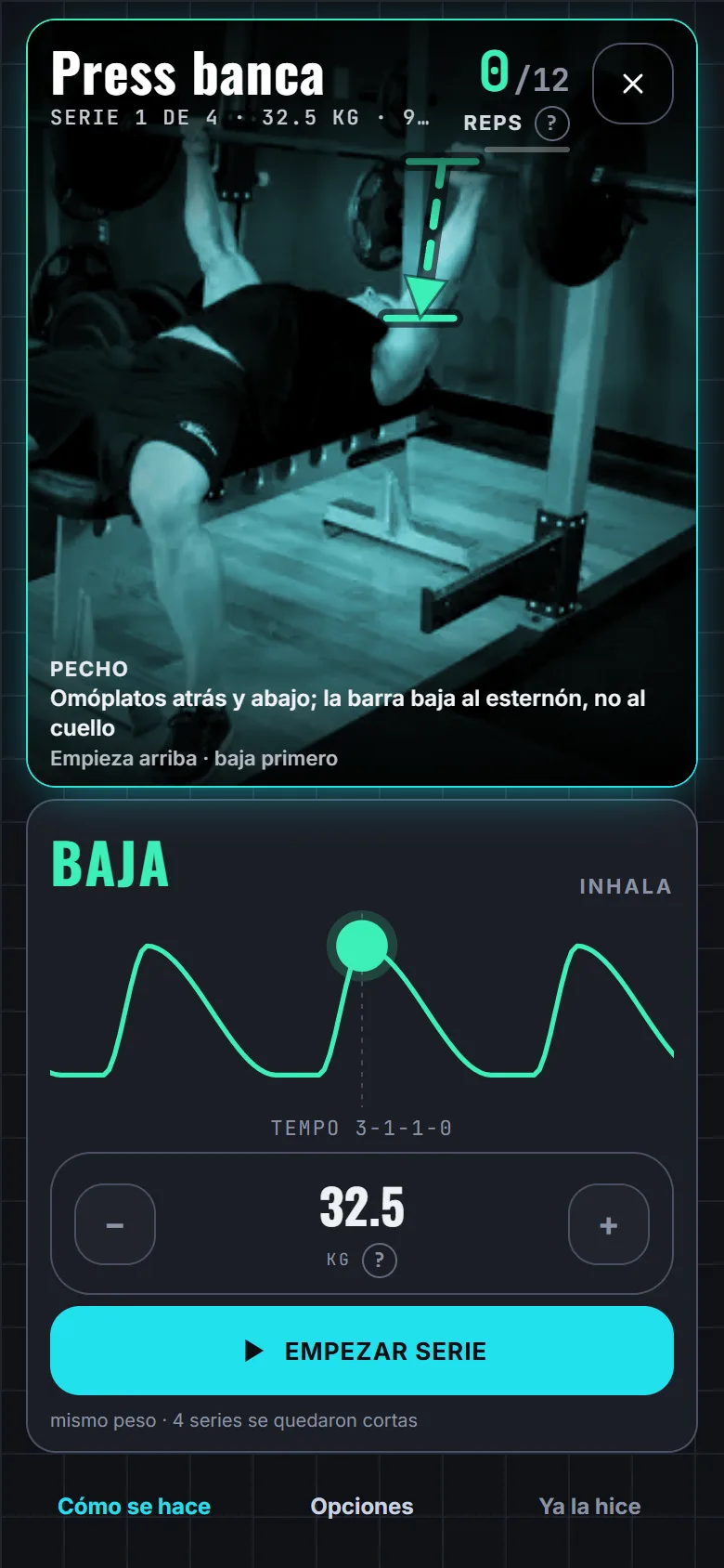 Guiado de una serie de peso muerto con la curva de tempo 3-1-1-0.