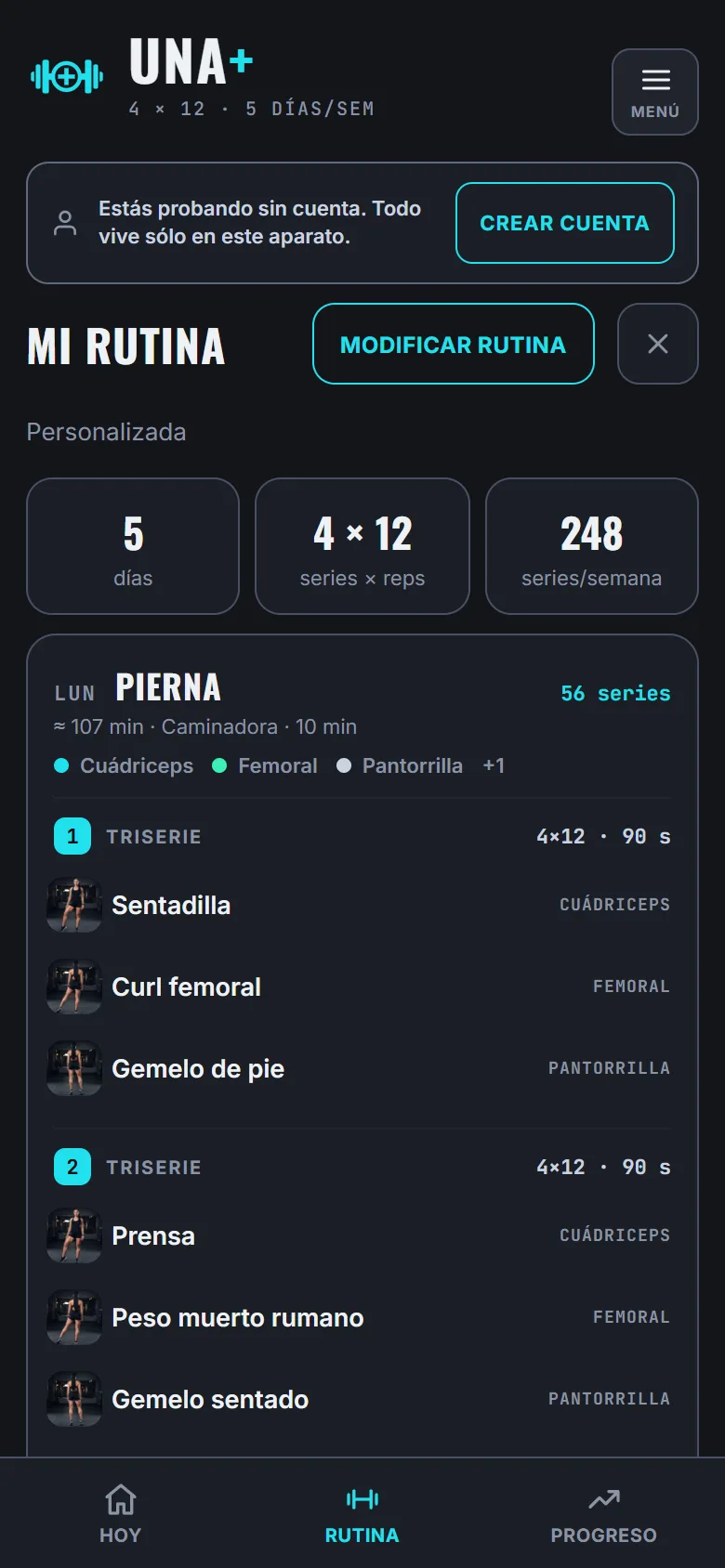 Pantalla Mi rutina con la semana entera: días, bloques y ejercicios de un plan de cinco días.