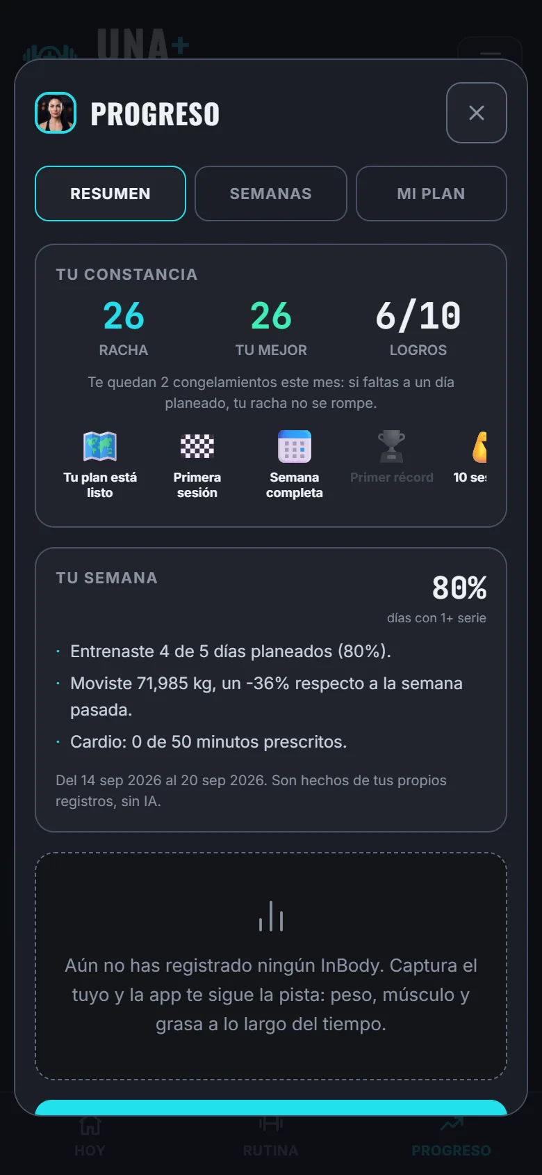 Pantalla Progreso con la racha de 26 días, logros y el resumen de la semana con el peso movido.